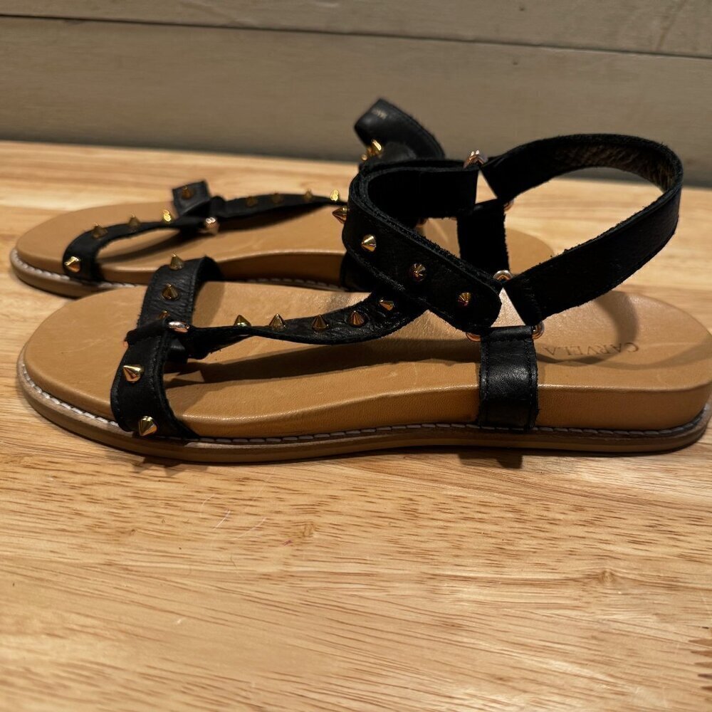 Carvela Kurt Geiger Kilter Flat Leather Sandals Black w/ Gold Studs Size US 7.5 - Picture 3 of 8